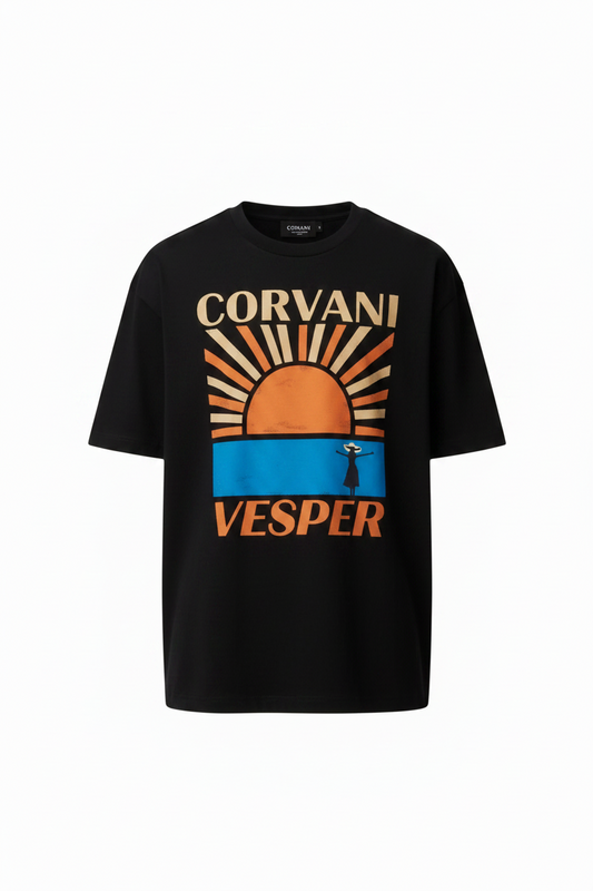 Corvani Vesper Vita Al Mare sun T-shirt in vibrant fabric, with a sun and sea design on the front, casual fit and short sleeves.