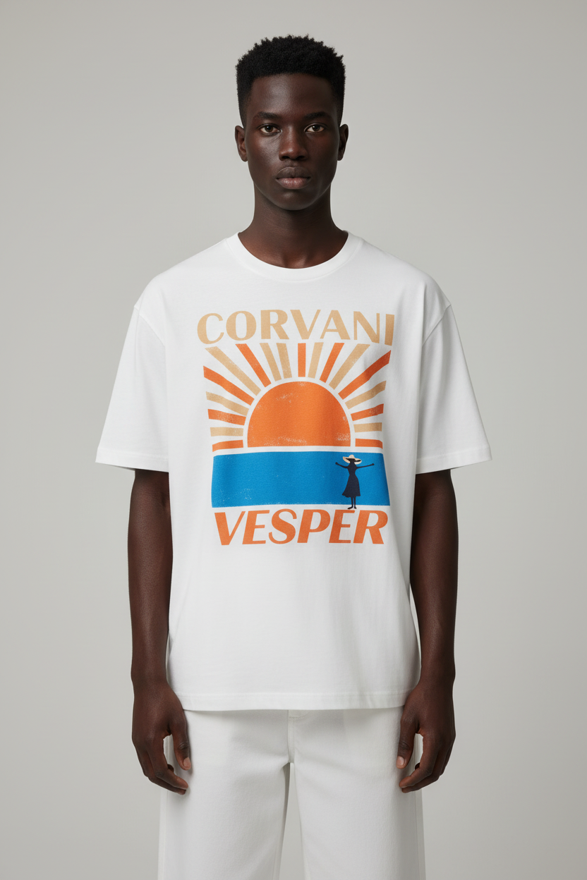 Corvani Vesper Vita Al Mare sun T-shirt, casual cotton tee with a vibrant sun and sea design, perfect for summer wear