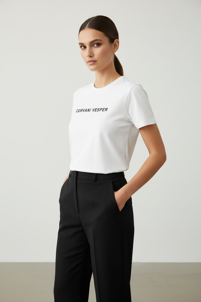 Corvani Vesper Crest white T-shirt for women, casual cotton top with crest logo, short sleeves and round neckline.