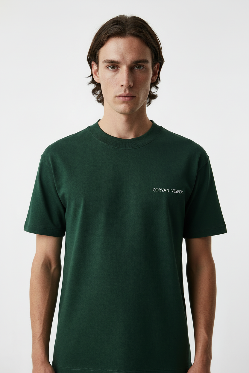 Dark green Corvani Vesper T-shirt with embroidered logo, casual fit and soft fabric, featuring a stylish logo detail on the front.
