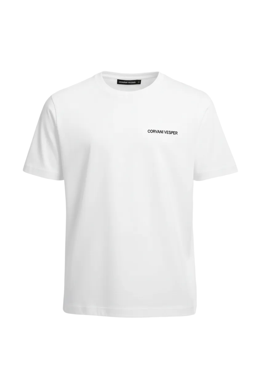 White Corvani Vesper embroidered logo T-shirt by Exclusive, featuring a subtle embroidered logo on the front.