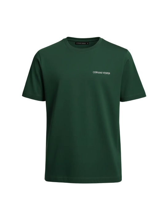 Dark green Corvani Vesper T-shirt with embroidered logo, casual fit, and crew neckline.