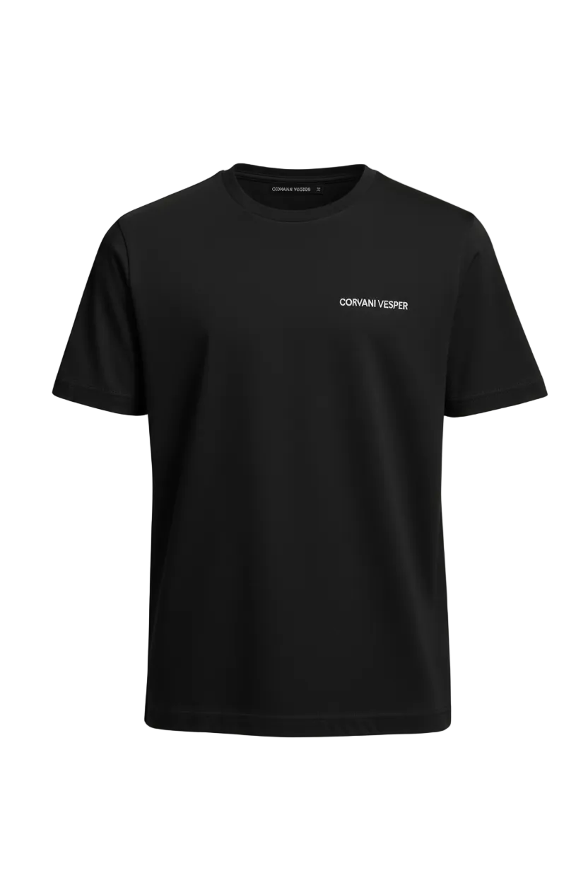 Black Corvani Vesper T-shirt with embroidered logo, casual fit, soft fabric, showcasing the stylish chest embroidery.