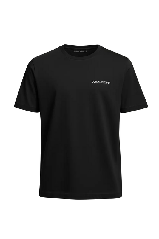 Black Corvani Vesper T-shirt with embroidered logo, casual fit, soft fabric, showcasing the stylish chest embroidery.