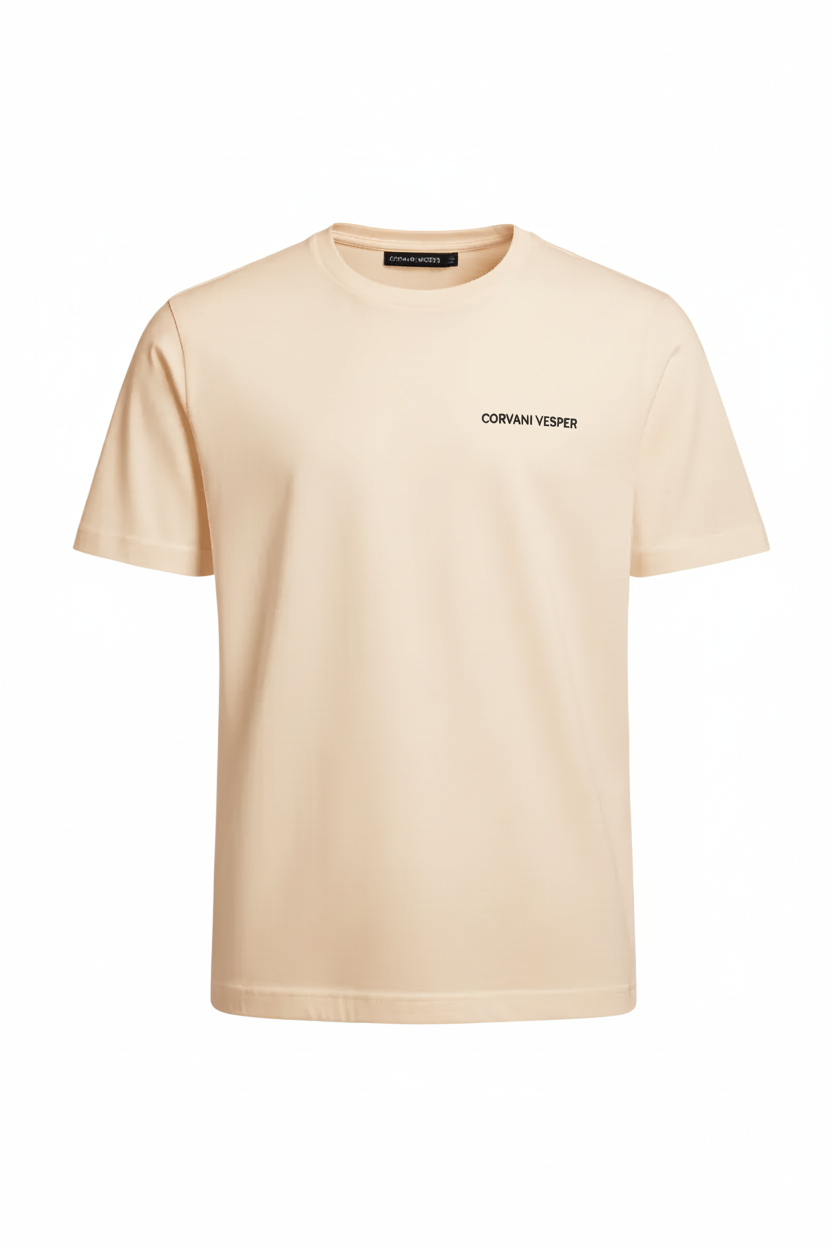 Corvani Vesper Sand Beige T-shirt with embroidered logo, casual fit, featuring a simple crew neck and soft cotton fabric.