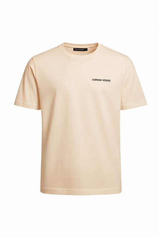 Corvani Vesper Sand Beige T-shirt with embroidered logo, casual fit, featuring a simple crew neck and soft cotton fabric.