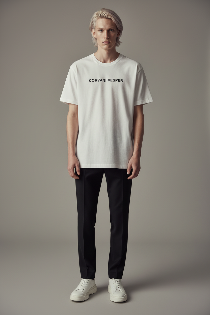 Corvani Vesper Crest T-shirt featuring a stylish crest design on a comfortable black cotton tee.