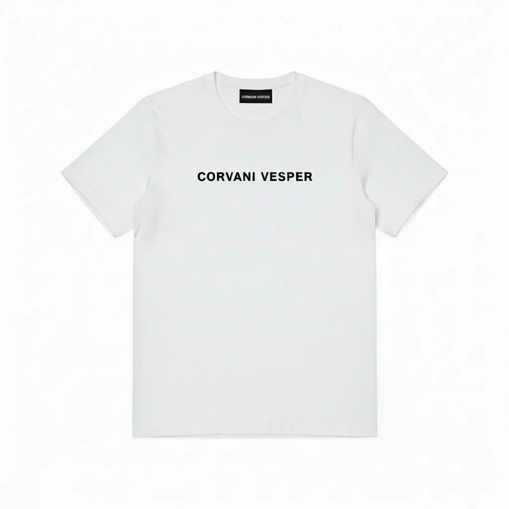 Corvani Vesper Crest T-shirt, men's casual cotton t-shirt with crest logo, black color, front view.