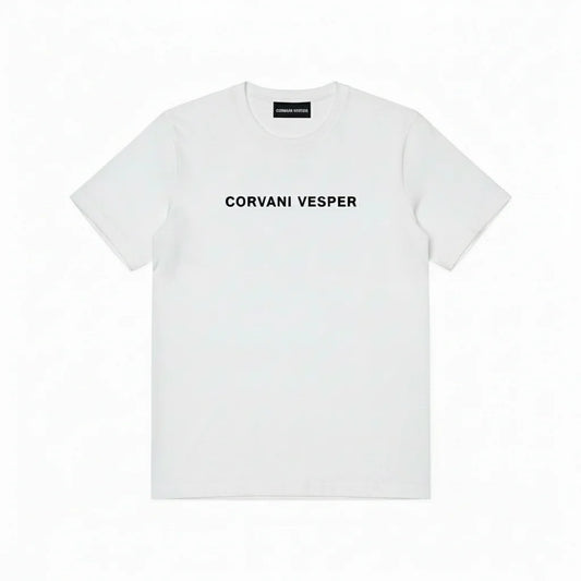 Corvani Vesper Crest T-shirt, men's casual cotton t-shirt with crest logo, black color, front view.