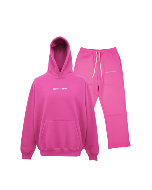 Pink Classico L Edition hoodie set by CORVANI VESPER, featuring a comfortable matching hoodie and joggers ensemble.