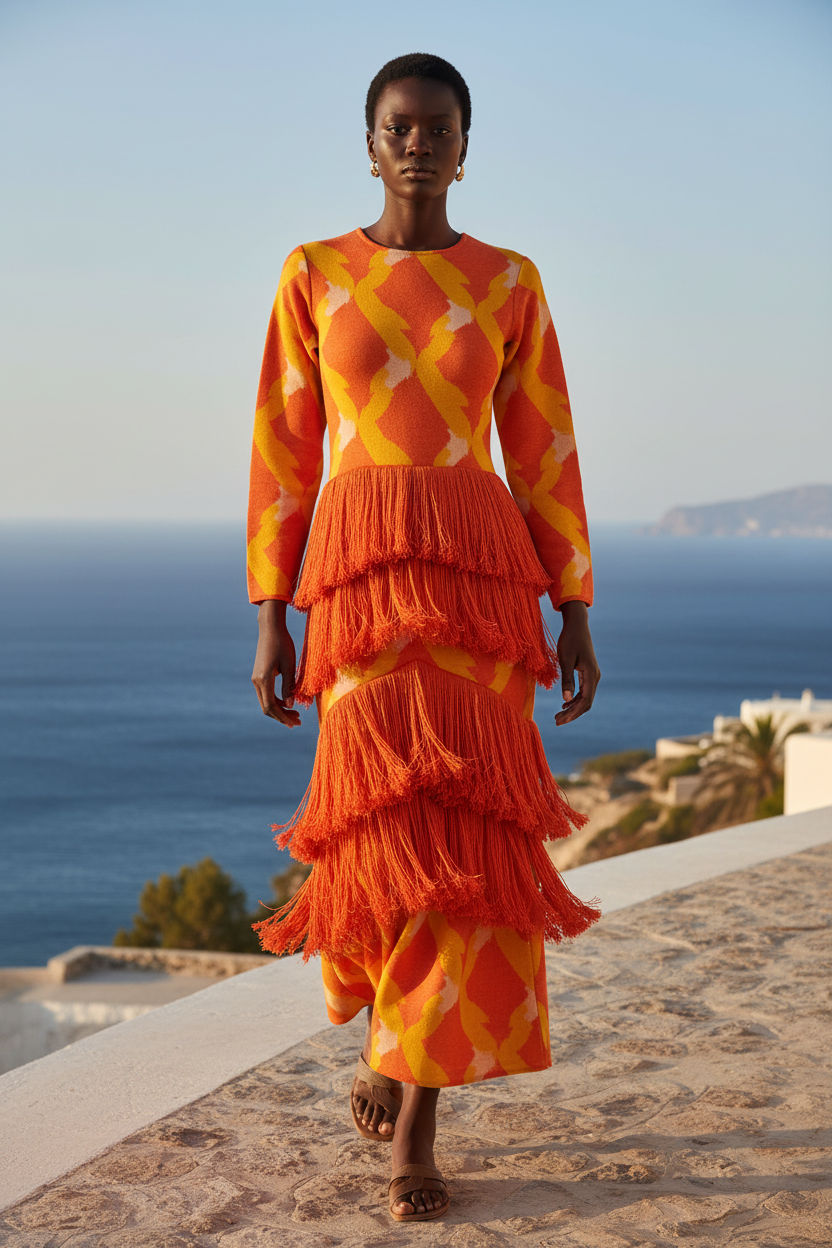 CORVANI VESPER ÀṢÀ Layered Fringe Long Dress, flowing fabric with layered fringe detailing, elegant and stylish for special occasions.