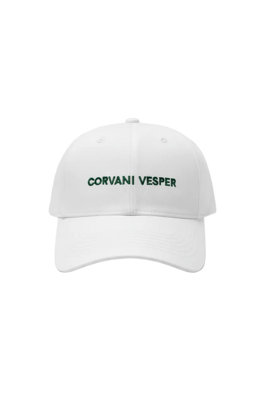 White Corvani Vesper Classic baseball cap with curved brim and adjustable strap, showing the brand logo on the front.