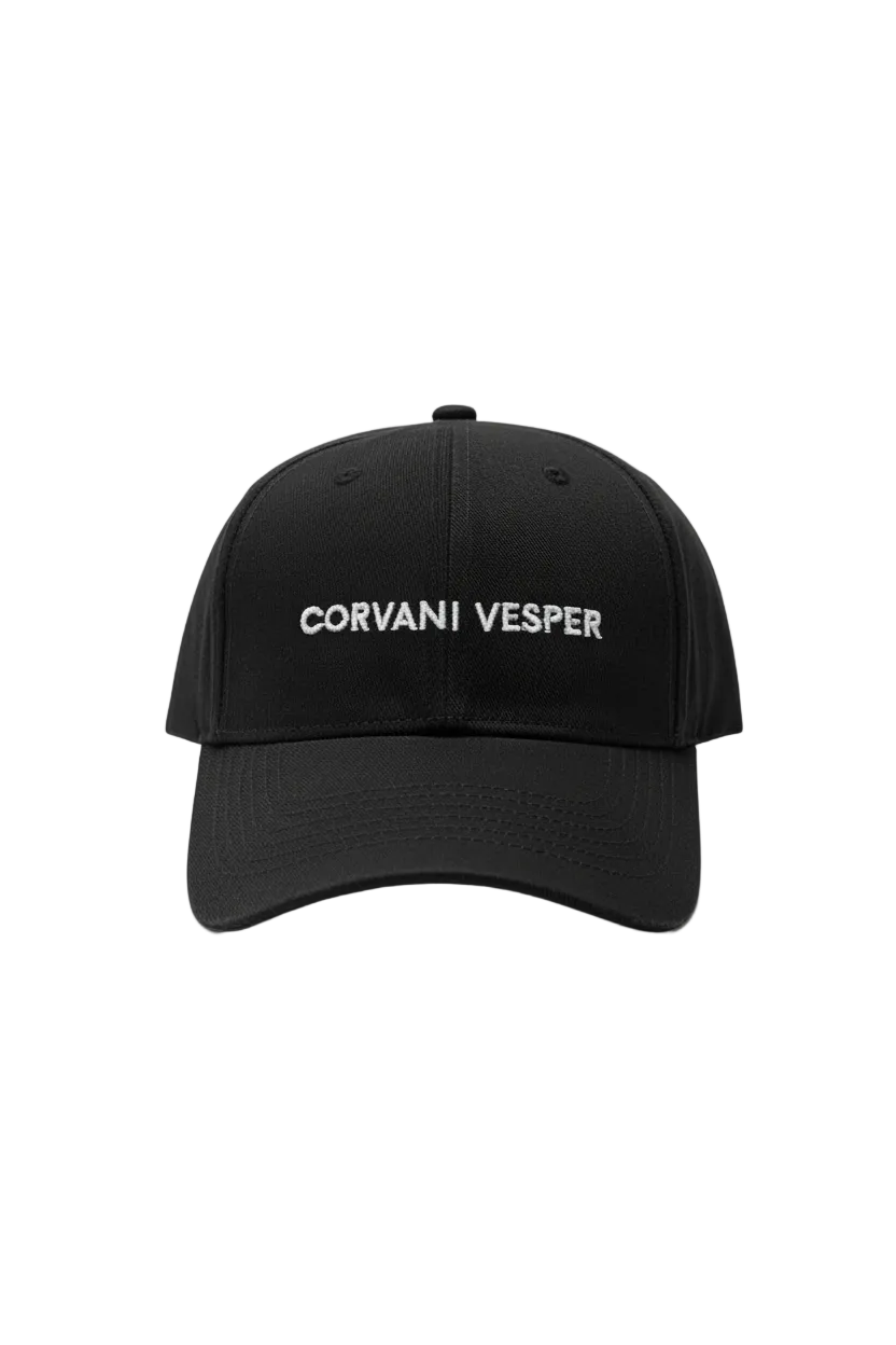 Corvani Vesper Classic Black Baseball Cap, face cap with curved brim and adjustable strap, stylish headwear for casual wear.
