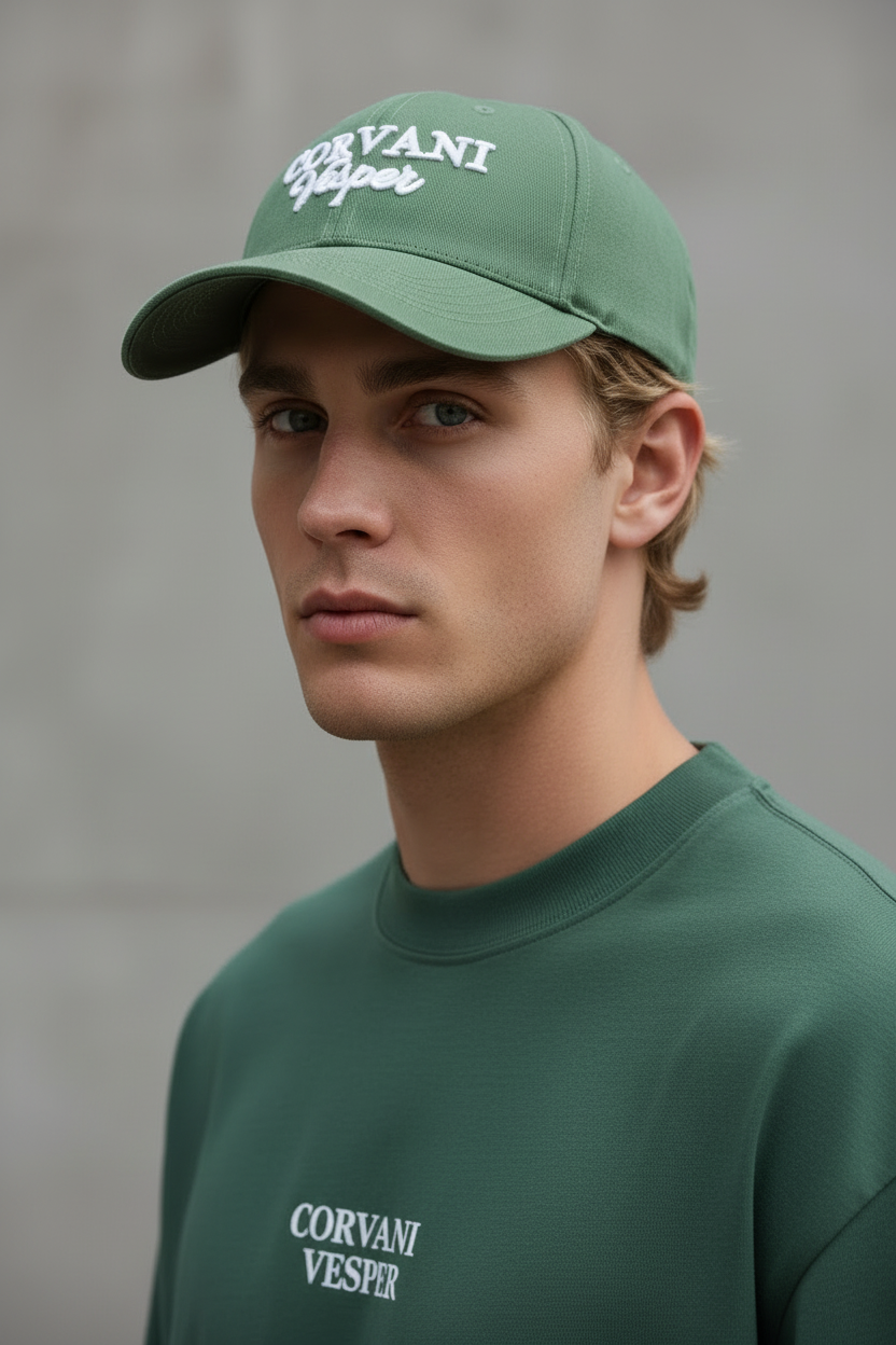 Corvani Vesper Signature Baseball Cap with curved brim and adjustable strap, featuring the CORVANI VESPER logo on front.