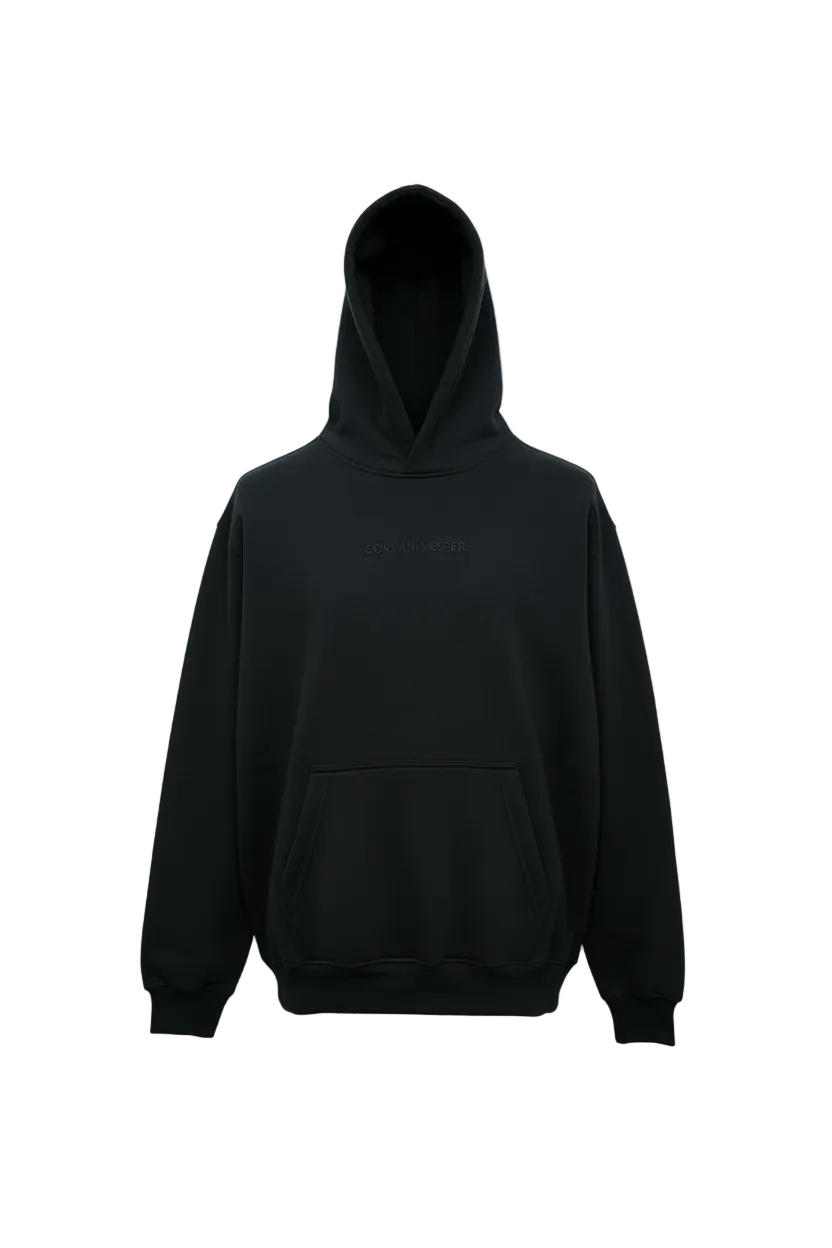 Black Classico L Edition hoodie set by CORVANI VESPER featuring a comfortable, stylish hoodie and matching sweatpants.