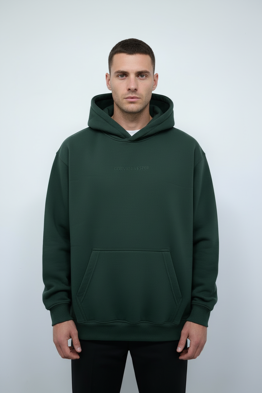 Dark green Corvani Vesper Classico L Edition hoodie set by Exclusive, showing the front view with hoodie and matching pants.