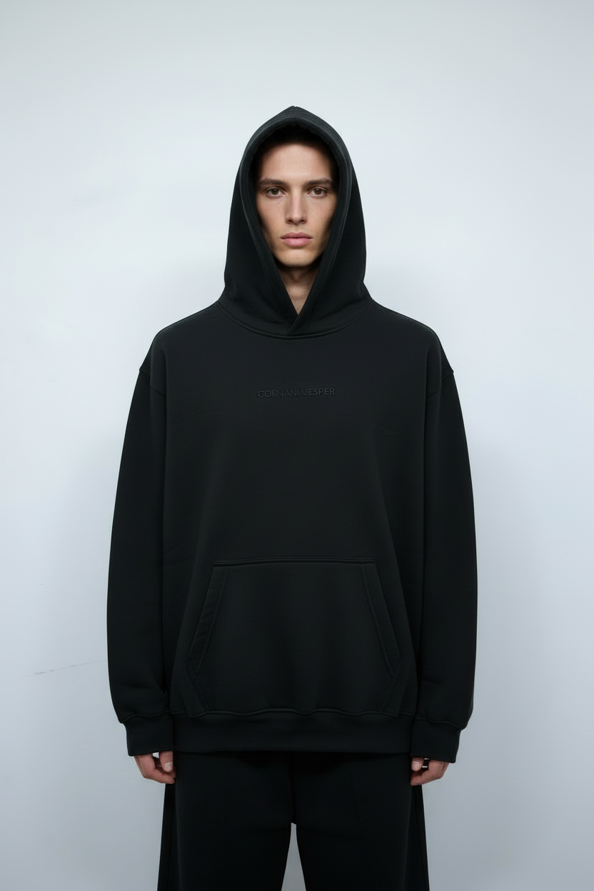 Black Corvani Vesper Classico L Edition hoodie set by Exclusive, featuring a cozy hoodie and matching pants with a sleek design.