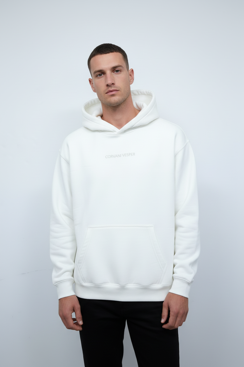 Corvani Vesper Classico L Edition white hoodie showing front view with hoodie and logo details