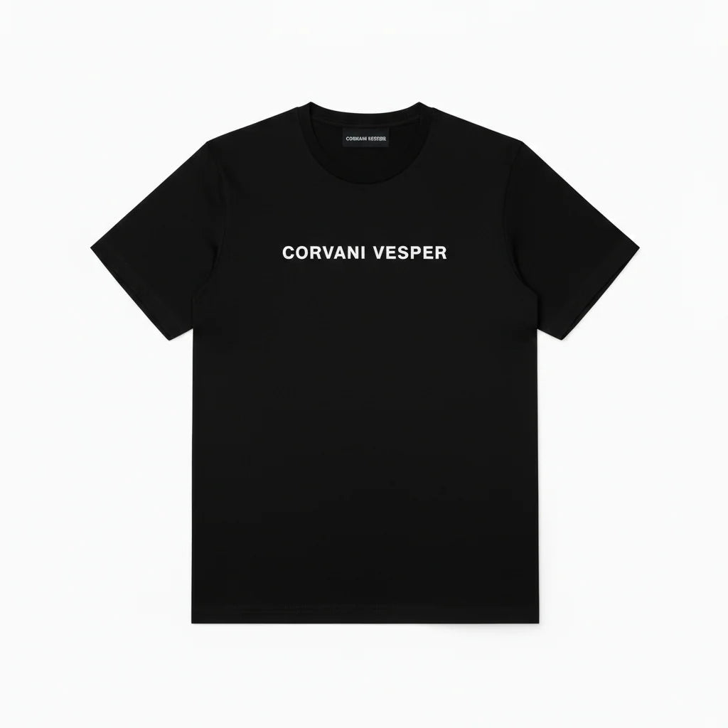 White Corvani Vesper Crest T-shirt for men, showing the front design with a crest logo and casual fit.