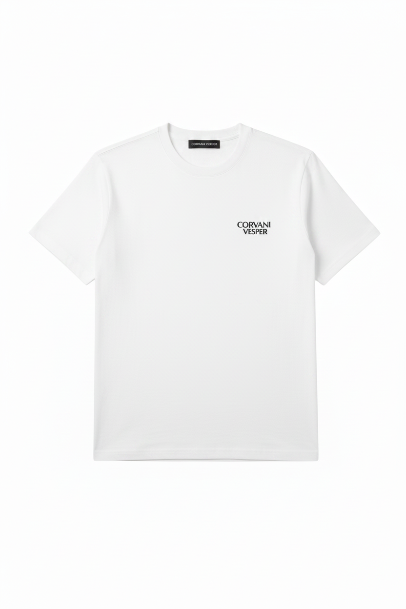 Corvani Vesper Signature T-Shirt in black, front view showing soft cotton fabric and stylish crew neck design.