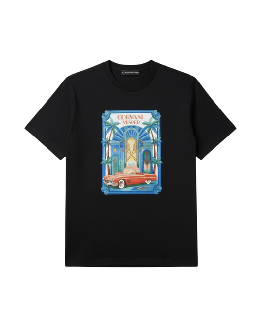 Corvani Vesper Vita al Mare black T-shirt featuring a vibrant club motif, casual fit, and soft cotton fabric.