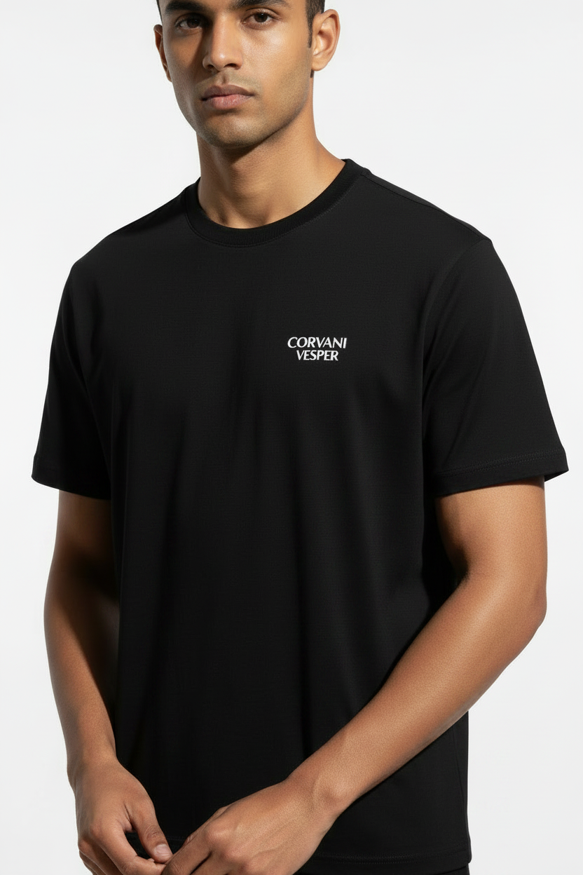 Corvani Vesper Signature T-Shirt, casual men's T-shirt in black with logo detail, made by CORVANI VESPER.