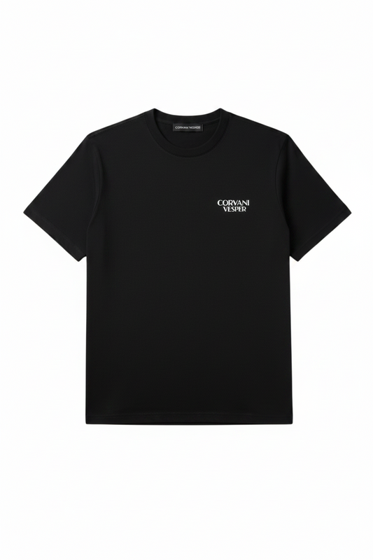 Corvani Vesper Signature T-shirt, stylish casual men's T-shirt in black with logo design, front view.