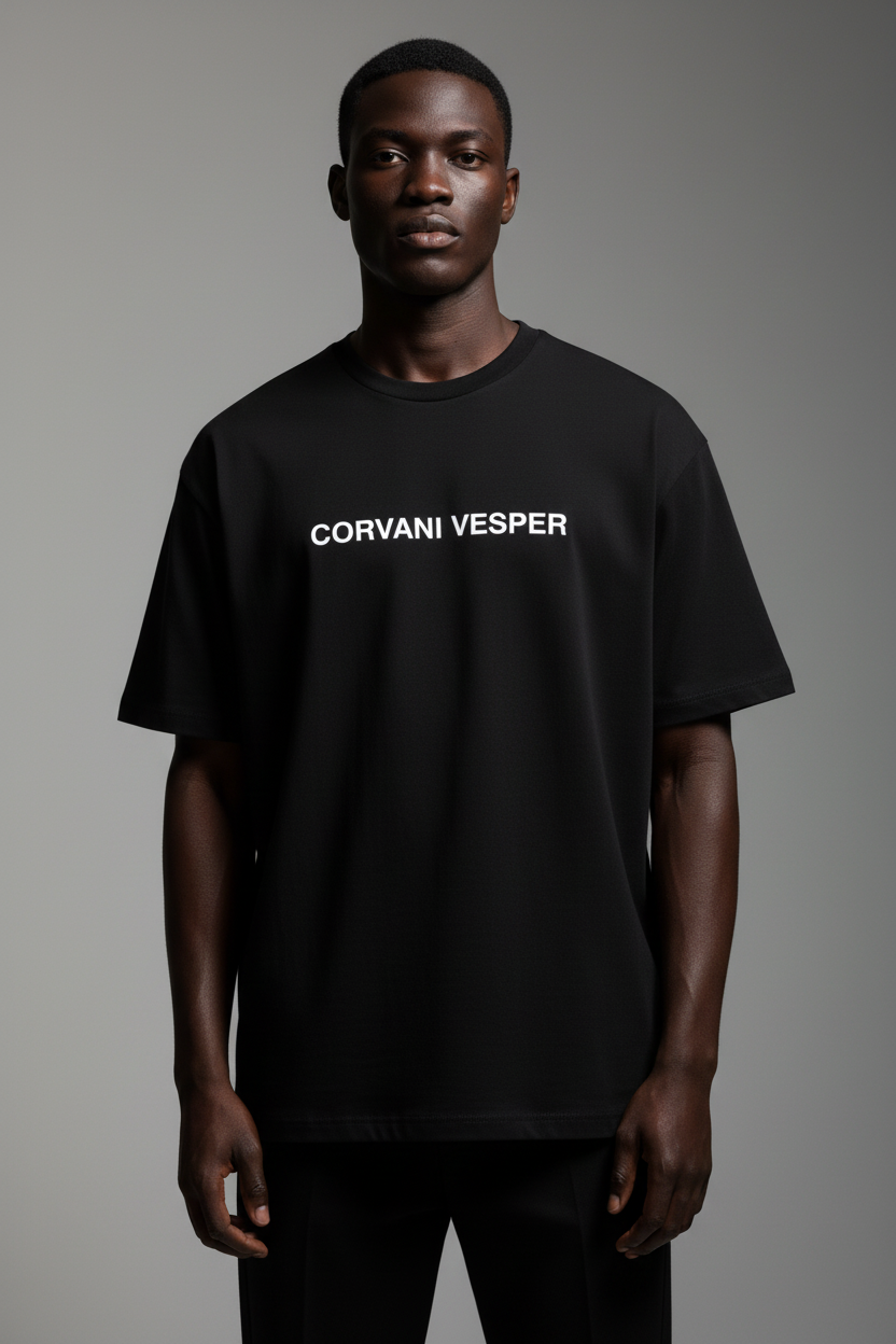 Corvani Vesper Nero T-shirt featuring a black fabric design, casual fit, and classic crew neck style.