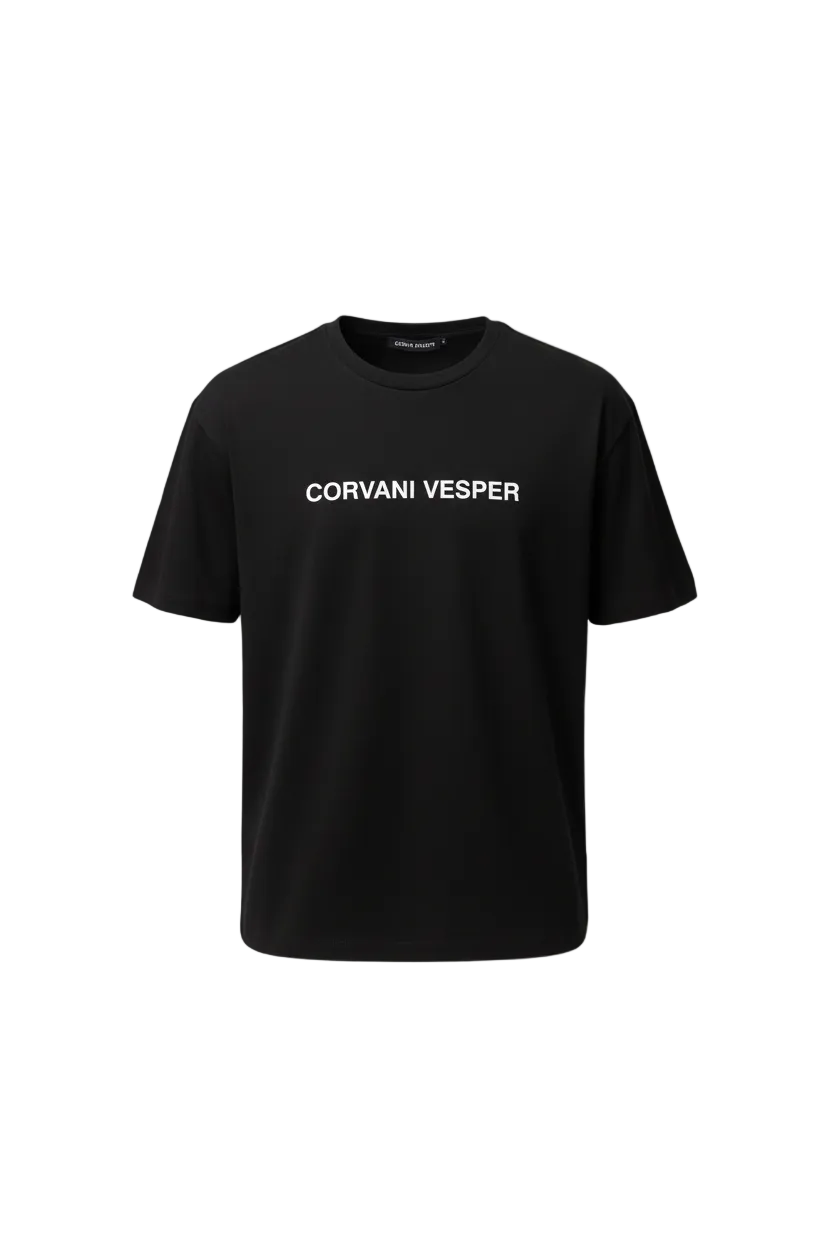 Corvani Vesper Vesper Core T-Shirt in Nero, black casual T-shirt with simple design and comfortable fit, front view.