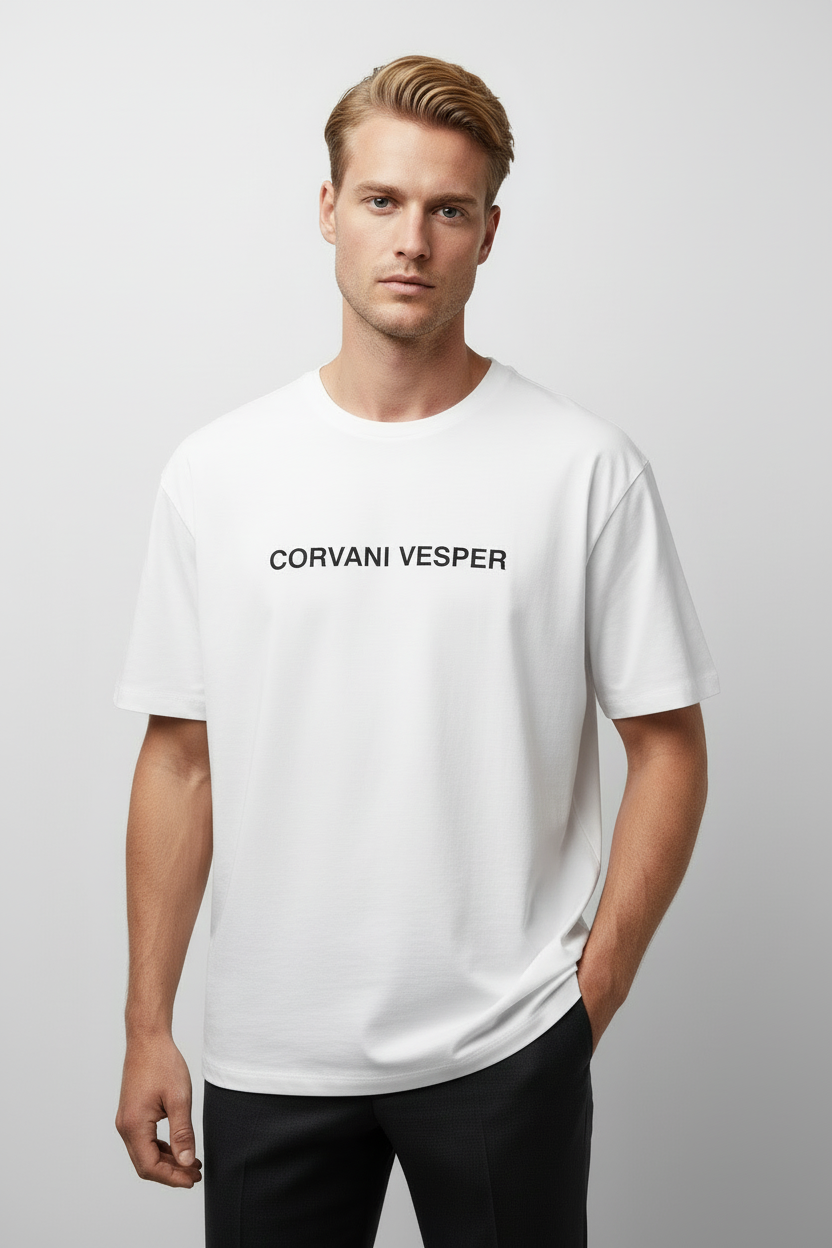 Corvani Vesper Vesper Core T-Shirt in white, plain crew neck design, soft fabric with the Corvani Vesper logo visible.