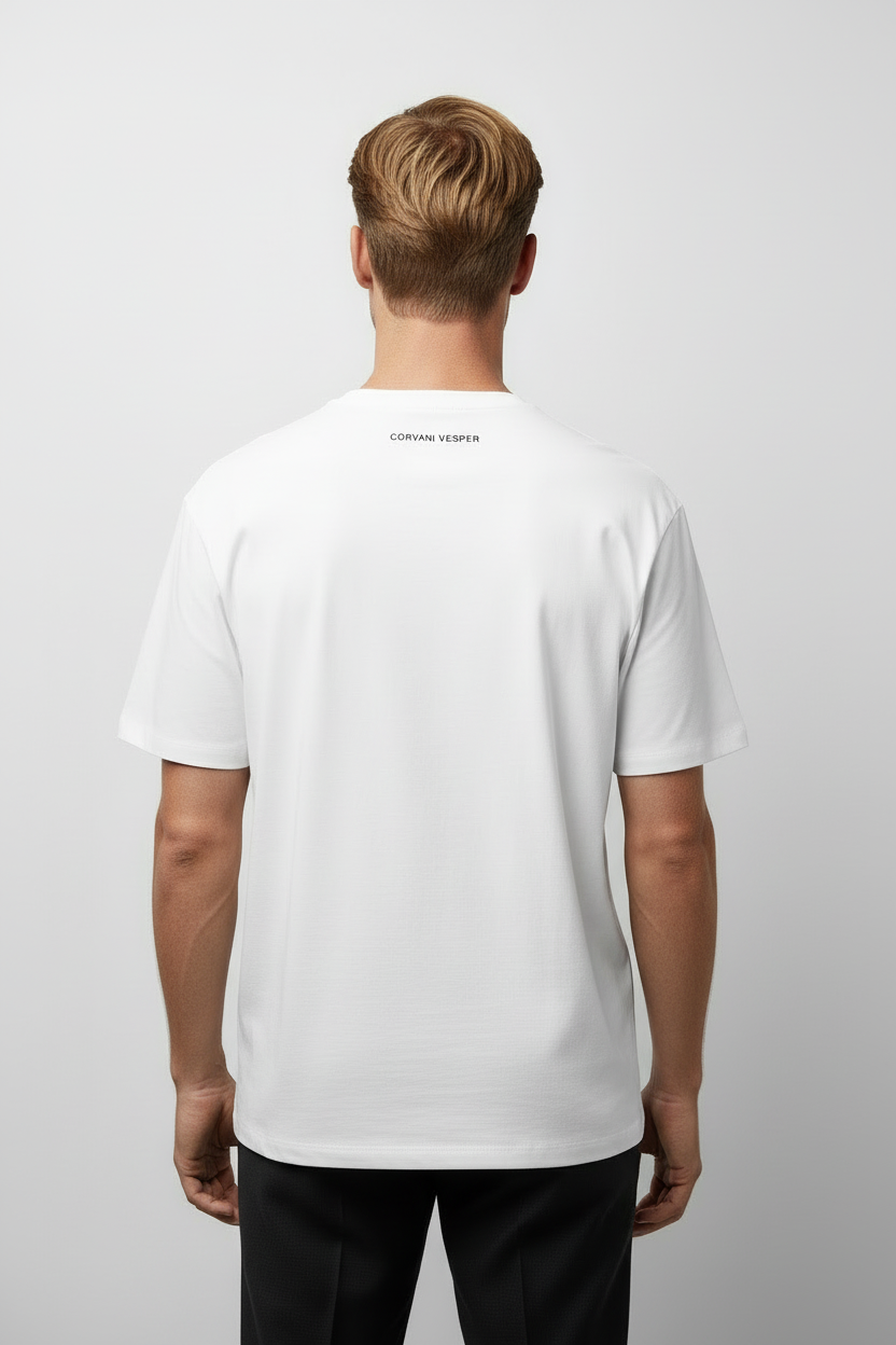Corvani Vesper Vesper Core Bianco T-Shirt, white cotton casual top with brand logo, front view showing neckline and fit.